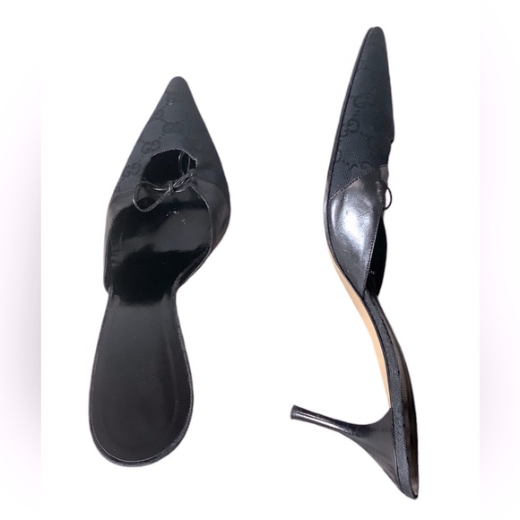 GUCCI Vintage GG Monogram Canvas Printed Bow Mules, in Black Sz 40 - Picture 3 of 8